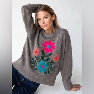 Natural Life Boxy Intarsia Brown Knit Wool Blend Floral Sweater Size Large